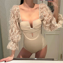 Load image into Gallery viewer, Sexy Lace One Piece Swimsuit Women Solid Swimwear Long Sleeve Monokini Push Up Bandeau Swim Suit Korea Mesh Trikini Pleated Bath