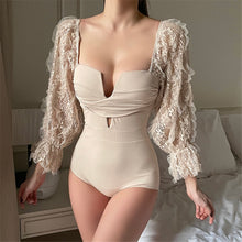 Load image into Gallery viewer, Sexy Lace One Piece Swimsuit Women Solid Swimwear Long Sleeve Monokini Push Up Bandeau Swim Suit Korea Mesh Trikini Pleated Bath