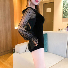 Load image into Gallery viewer, Sexy Lace One Piece Swimsuit Women Solid Swimwear Long Sleeve Monokini Velvet Swim Suit Mesh Pad Bathing Suit Black Open Back
