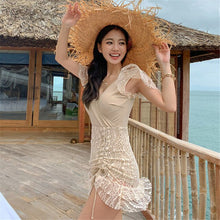 Load image into Gallery viewer, Sexy Lace One Piece Swimsuit Women Solid Swimwear Short Sleeve Monokini Push Up Korea Open Back Trikini Pad Bathing Suit Beige