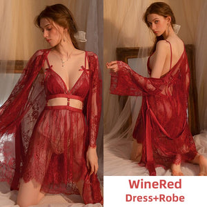 Sexy Lace Pamajas Set Women Sleepwear Lingerie Robes Sets Night Dress See Through Camisole Backless Nighty for Ladies Nightgown