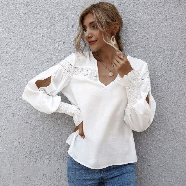 Sexy Lace Patchwork Hollow Out Shirt Blouse Woman Sprint Autumn Fashion Long Sleeve V-neck Shirts Casual White Loose Top Femme