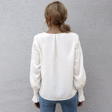 Load image into Gallery viewer, Sexy Lace Patchwork Hollow Out Shirt Blouse Woman Sprint Autumn Fashion Long Sleeve V-neck Shirts Casual White Loose Top Femme
