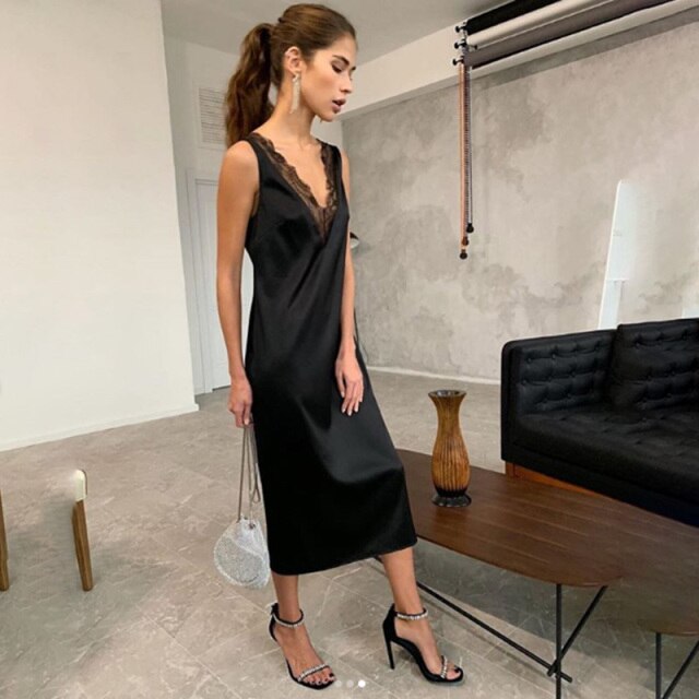 Sexy Lace Patchwork Satin Dress Women Sleeveless Vest Front and Back Deep V Neck Party Dress 2020 Fashion Midi Elegant Dresses