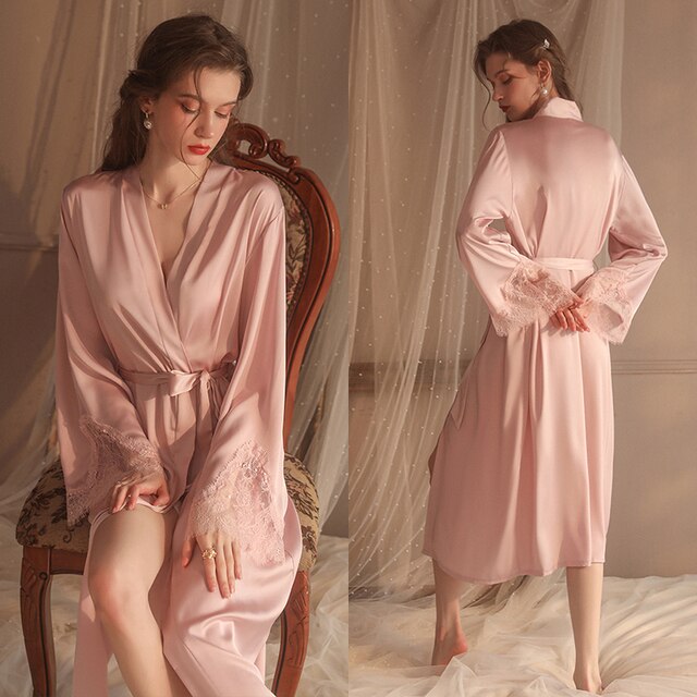 Sexy Lace Robes Sleepwear Women Satin Bathrobe Lingerie Sleeping Dress Nightgown Bathrobe Soft Home Wear Sleep Tops Summer 2022