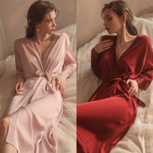 Sexy Lace Robes Sleepwear Women Satin Bathrobe Lingerie Sleeping Dress Nightgown Bathrobe Soft Home Wear Sleep Tops Summer 2022