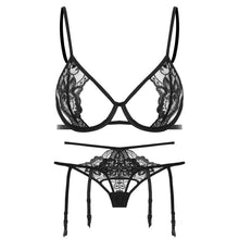 Load image into Gallery viewer, Sexy Lace See Through Bra Thong Set Ultra Thin Underwire Bra and Panty Sets with Suspenders Women Lingerie Intimates