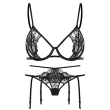 Load image into Gallery viewer, Sexy Lace See Through Bra Thong Set Ultra Thin Underwire Bra and Panty Sets with Suspenders Women Lingerie Intimates