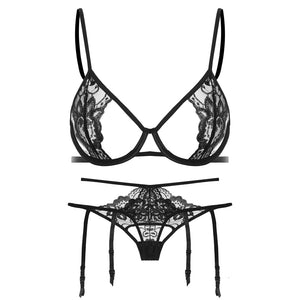 Sexy Lace See Through Bra Thong Set Ultra Thin Underwire Bra and Panty Sets with Suspenders Women Lingerie Intimates