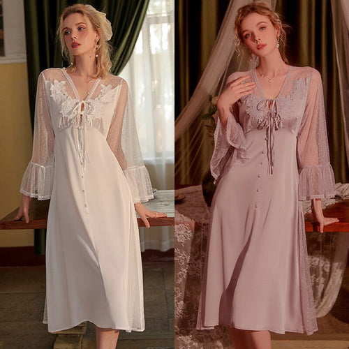 Sexy Lace Sleepwear Women Night Dress Long Robe Lacing strap Nightgown Romantic Mesh Victorian Pamajas Nightdress Sleep Tops