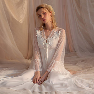 Sexy Lace Sleepwear Women Night Dress Long Robe Lacing strap Nightgown Romantic Mesh Victorian Pamajas Nightdress Sleep Tops