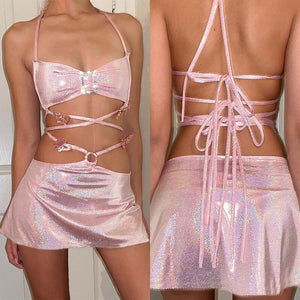 Sexy Lace Up Backless Cut Out Party Beach Dresses Women Summer Two Piece Set Pink Halter Crop Top and Bodycon Mini Skirts Suits