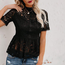 Load image into Gallery viewer, Sexy Lace Up Hollow Shirt Blouses Women Summer Fashion O-neck Short Sleeve Slim Shirts For Women 2021 White Vintage Tops Femme