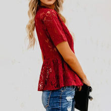 Load image into Gallery viewer, Sexy Lace Up Hollow Shirt Blouses Women Summer Fashion O-neck Short Sleeve Slim Shirts For Women 2021 White Vintage Tops Femme