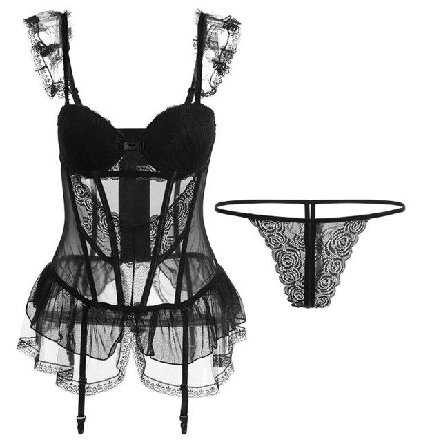 Sexy Lace Women's Bustier Corset Transparent Sleepwear Black Jumpsuit G String Thong Lingerie Bodysuit Underwear Gothic Clothes