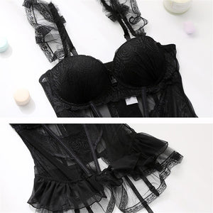 Sexy Lace Women's Bustier Corset Transparent Sleepwear Black Jumpsuit G String Thong Lingerie Bodysuit Underwear Gothic Clothes