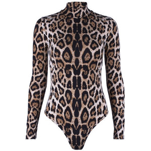 Sexy Leopard Printed Bodycon Bodysuits 2021 Spring Women Long Sleeve Mock Neck Skinny Body Suit Shorts Jumpsuits