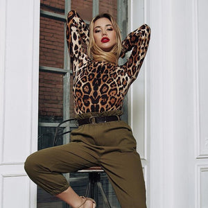 Sexy Leopard Printed Bodycon Bodysuits 2021 Spring Women Long Sleeve Mock Neck Skinny Body Suit Shorts Jumpsuits