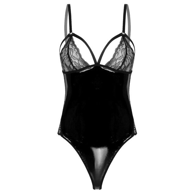 Sexy Lingerie Bodysuit Catsuit Women Underwear Leather Lace Patchwork Hot Erotic Lingerie Woman Latex Body Exotic Costumes