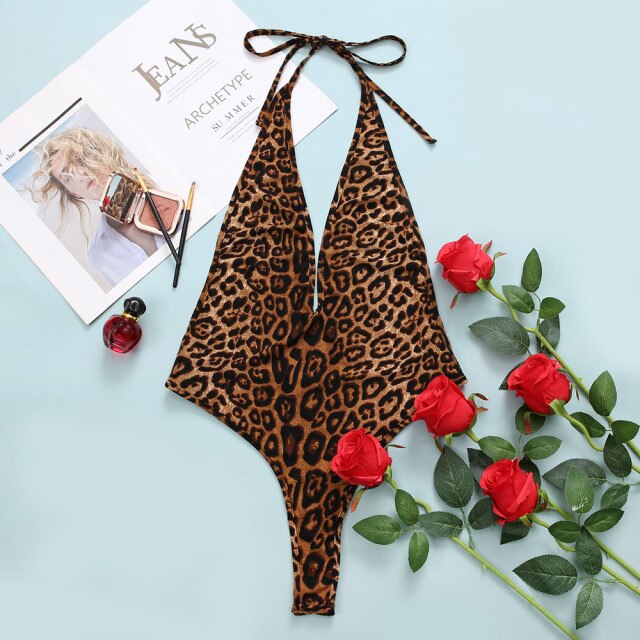 Sexy Lingerie Bodysuit Women Halter Backless Underwear Exotic Leopard Bandage Sex Clothing Femme Erotic Costume Porno Body Suit