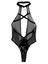 Load image into Gallery viewer, Sexy Lingerie Fishnet Bodysuit Womens Erotic Patent Leather High Cut Bodysuit Hollow Out Halter Neck O-Ring Patchwork Leotard