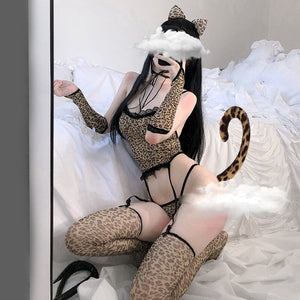 Sexy Lingerie Leopard Print Cosplay Women Wild Animal Halloween Costume Night Club Cat Fancy Dress Headband Roleplay Uniform