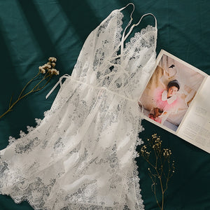 Sexy Lingerie Nightgown Underwear Lace Embroidery Seduction Women Nightwear Sling Back Cross Night Dress