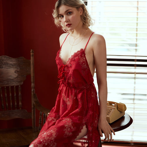 Sexy Lingerie Nightgown Underwear Lace Embroidery Seduction Women Nightwear Sling Back Cross Night Dress