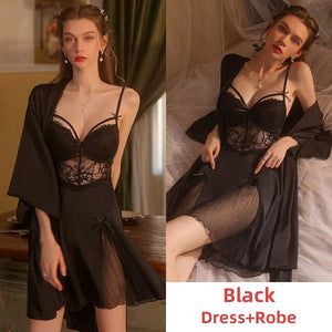 Sexy Lingerie Pamajas Set for Women Silk Robes Sleepwear Night Dress Lace Nightgown See Through Camisole Backless Sleep Tops