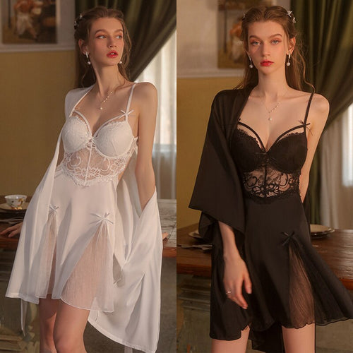 Sexy Lingerie Pamajas Set for Women Silk Robes Sleepwear Night Dress Lace Nightgown See Through Camisole Backless Sleep Tops