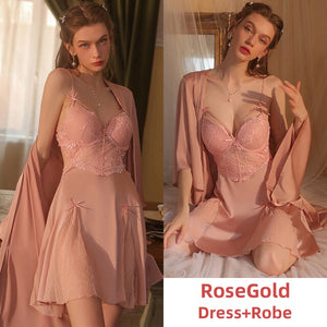 Sexy Lingerie Pamajas Set for Women Sleepwear Silk Robes Night Dress Lace Nightgown See Through Camisole Backless Sleep Tops