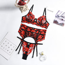 Load image into Gallery viewer, Sexy Lingerie Red Floral Embroidery Patchwork Underwear Bra Set Garters Sensual Lingerie Sex Panties Transparent Erotic Costumes
