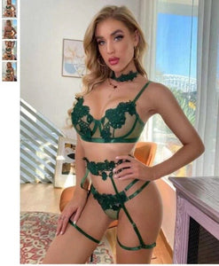 Sexy Lingerie Suit Women Lingerie Sets Underwire Push Up Bra Embroidery Thongs Underwear Garter Belt G-string Neck Ring Lingerie
