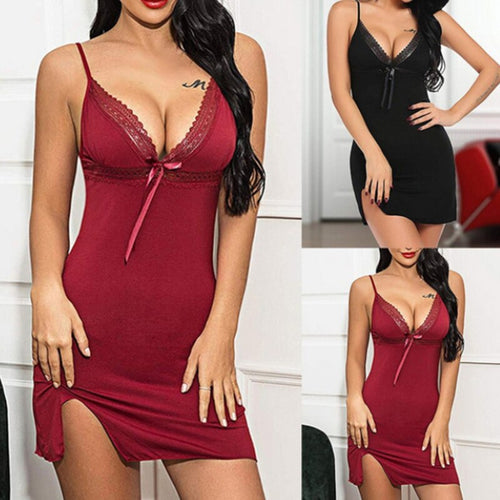 Sexy Lingerie Women Nightdress Lace Mini Dress Deep V Neck Nightgown Bow Sleepwear Strap Sling Summer Sleepwear Robe Femme