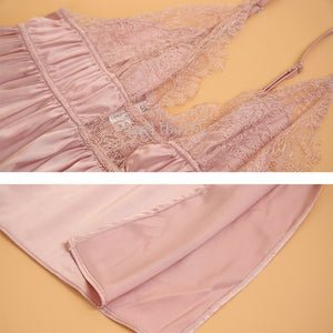 Sexy Lingerie Women Nightgowns Eyelash Lace Satin Backless Cross Side Open Sling Strap Nightdress Nightwear Home Night Dress