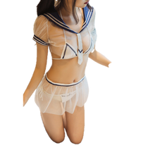 Load image into Gallery viewer, Sexy Lingerie Women Sailor Suit Student Lapel Stitching See-Through Mesh Short-Sleeved Skirt With Blue Bow Tie Loose Elegant