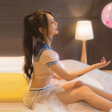 Load image into Gallery viewer, Sexy Lingerie Women Sailor Suit Student Lapel Stitching See-Through Mesh Short-Sleeved Skirt With Blue Bow Tie Loose Elegant