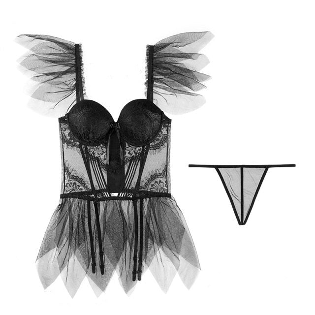 Sexy Lingerie for Women Sheer Mesh Perspective Lace Sleepwear Nighty for Bride Dress Erotic Black Push Up Bra Set Exotic Apparel