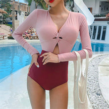 Load image into Gallery viewer, Sexy Long Sleeve One Piece Swimsuit Women Solid Rash Guard Swimwear Bandage Monokini Cut Out Trikini Open Back Bathing Suit Pad