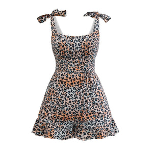 Sexy Low Cut Bandage Slash Neck Female Rompers Leopard Print Suspender Ruffled U Shaped Open Back Jumpsuit Streetwear 2022 New