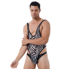 Load image into Gallery viewer, Sexy Mens Lingerie Mesh Bodysuit  Underwear Sheer Zebra Jumpsuit Romper Singlet Bodysuit One Piece Erotic Sex Male Costume