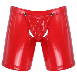 Sexy Mens Underwear Boxer Shorts Lingerie Open Butt Leather Boxers Wet Look Underpants Open Crotch Pouch Male Panties Gay Cueca