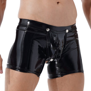 Sexy Mens Underwear Boxer Shorts Lingerie Open Butt Leather Boxers Wet Look Underpants Open Crotch Pouch Male Panties Gay Cueca