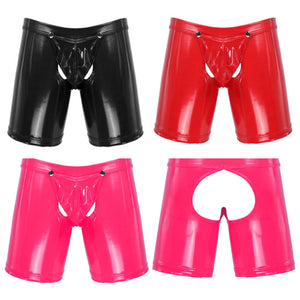 Sexy Mens Underwear Boxer Shorts Lingerie Open Butt Leather Boxers Wet Look Underpants Open Crotch Pouch Male Panties Gay Cueca