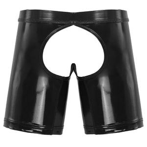 Sexy Mens Underwear Boxer Shorts Lingerie Open Butt Leather Boxers Wet Look Underpants Open Crotch Pouch Male Panties Gay Cueca