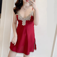 Load image into Gallery viewer, Sexy Night Dress Lace Lingerie Sexy Womens Clothing Satin Night Gown Sleepwear Silk Lace Mini Dress red pink Spaghetti Strap