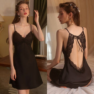 Sexy Night Dress Women Silk Sleepwear See Through Hollow Lace Lingerie Backless Nightgown Camisole Sleep Tops Pamajas Summer