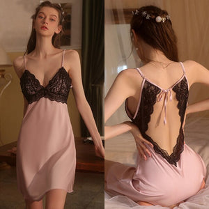 Sexy Night Dress Women Silk Sleepwear See Through Hollow Lace Lingerie Backless Nightgown Camisole Sleep Tops Pamajas Summer