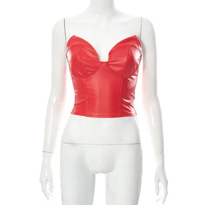 Sexy Nightclub Style Patchwork Deep V Neck Women Tops Pu Leather Tight Fitting Solid Color Open Back Sleeveless Casual Tube Top