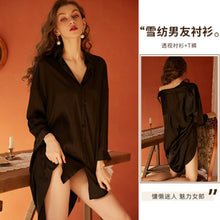 Load image into Gallery viewer, Sexy Nightdress Pajamas Female Autumn Winter Boyfriend Style Shirt Home Clothes Satin Sexy Long Sleeve Cardigan Nightgown Large